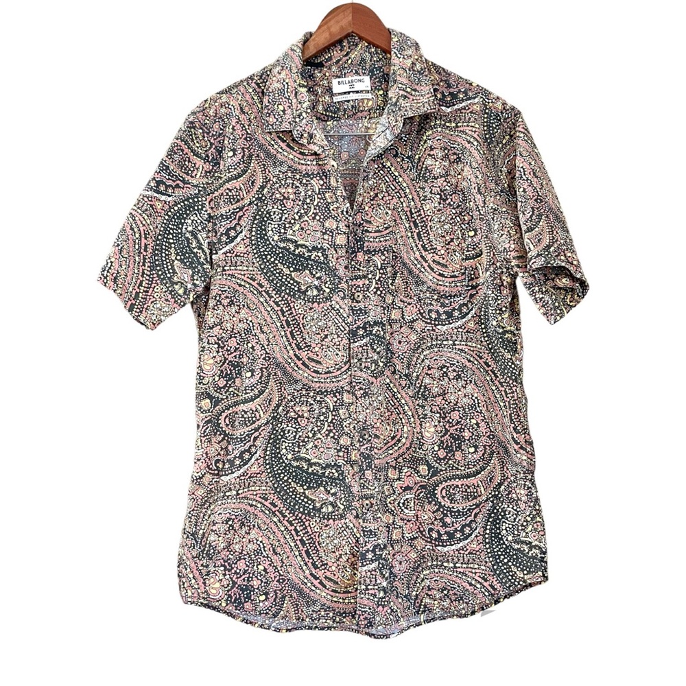 Billabong Paisley Button Front Short Sleeve Cotton Shirt Pink Yellow Size Large